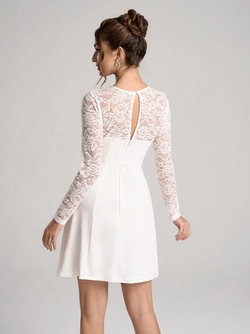 Poshira Elegant Long Sleeve Lace Patchwork Formal Gown, Heavy-Crafted Design