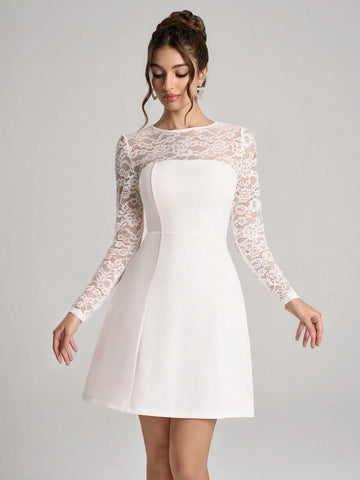 Poshira Elegant Long Sleeve Lace Patchwork Formal Gown, Heavy-Crafted Design