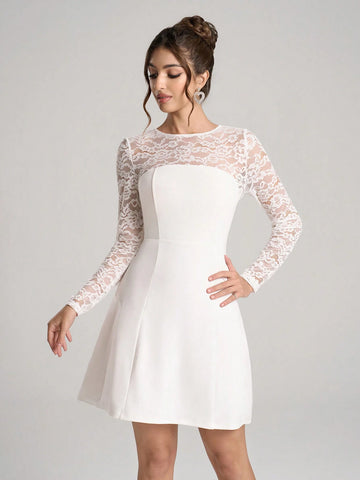 Poshira Elegant Long Sleeve Lace Patchwork Formal Gown, Heavy-Crafted Design