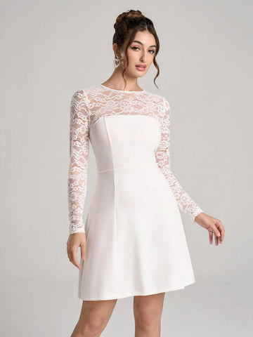 Poshira Elegant Long Sleeve Lace Patchwork Formal Gown, Heavy-Crafted Design