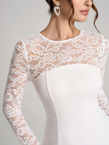 Poshira Elegant Long Sleeve Lace Patchwork Formal Gown, Heavy-Crafted Design