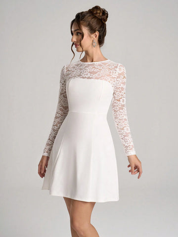 Poshira Elegant Long Sleeve Lace Patchwork Formal Gown, Heavy-Crafted Design