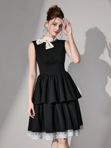 Poshira New Solid Color Patchwork Sleeveless Simple Casual Elegant Party Cocktail Dress