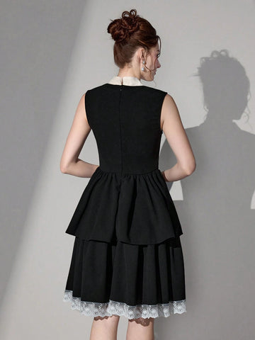 Poshira New Solid Color Patchwork Sleeveless Simple Casual Elegant Party Cocktail Dress