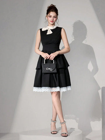 Poshira New Solid Color Patchwork Sleeveless Simple Casual Elegant Party Cocktail Dress