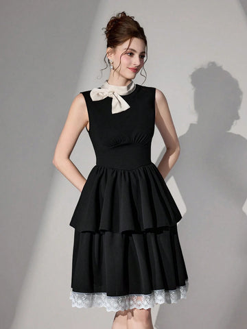 Poshira New Solid Color Patchwork Sleeveless Simple Casual Elegant Party Cocktail Dress