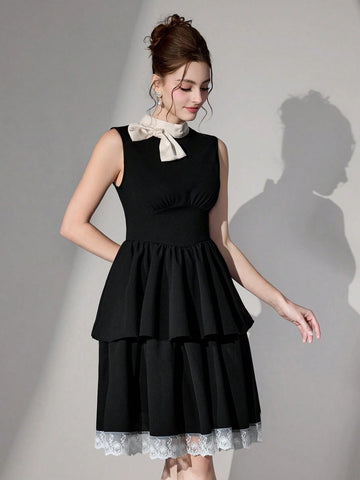 Poshira New Solid Color Patchwork Sleeveless Simple Casual Elegant Party Cocktail Dress