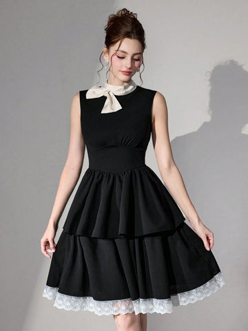 Poshira New Solid Color Patchwork Sleeveless Simple Casual Elegant Party Cocktail Dress