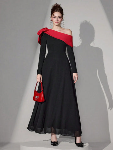 Poshira Women Elegant Asymmetrical Neck Bow Decor Evening Gown Dress Valentine's Day