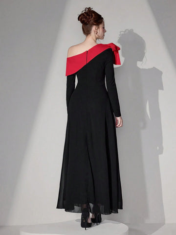 Poshira Women Elegant Asymmetrical Neck Bow Decor Evening Gown Dress Valentine's Day