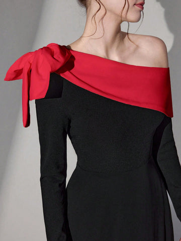 Poshira Women Elegant Asymmetrical Neck Bow Decor Evening Gown Dress Valentine's Day