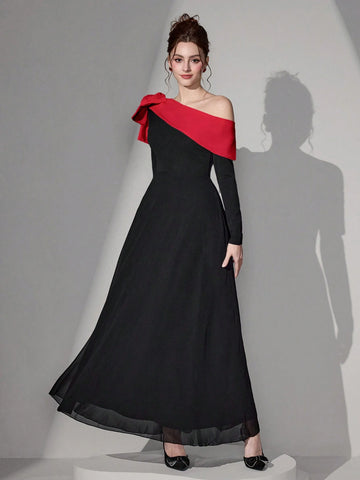 Poshira Women Elegant Asymmetrical Neck Bow Decor Evening Gown Dress Valentine's Day