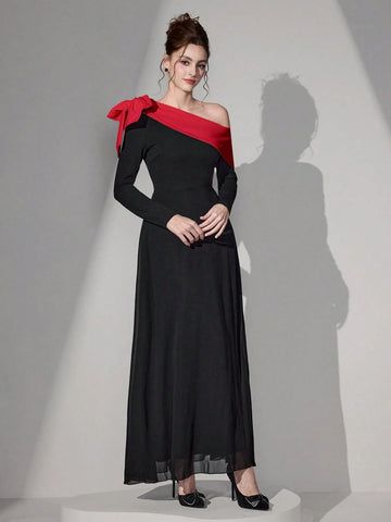 Poshira Women Elegant Asymmetrical Neck Bow Decor Evening Gown Dress Valentine's Day