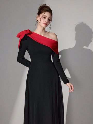 Poshira Women Elegant Asymmetrical Neck Bow Decor Evening Gown Dress Valentine's Day