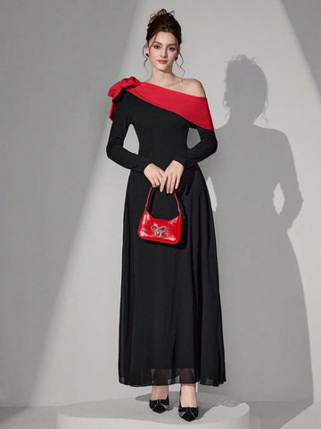 Poshira Women Elegant Asymmetrical Neck Bow Decor Evening Gown Dress Valentine's Day