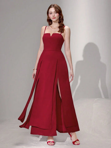 Poshira Women Knit Red Waist-Cinched Sleeveless Split Hem Sling Dress Valentine's Day