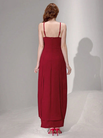 Poshira Women Knit Red Waist-Cinched Sleeveless Split Hem Sling Dress Valentine's Day