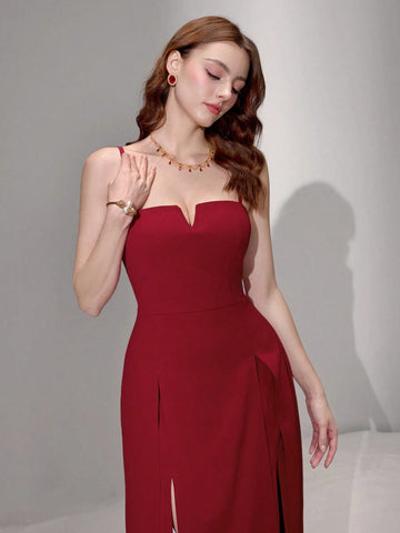 Poshira Women Knit Red Waist-Cinched Sleeveless Split Hem Sling Dress Valentine's Day