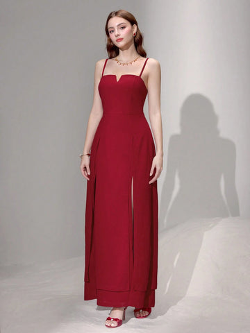 Poshira Women Knit Red Waist-Cinched Sleeveless Split Hem Sling Dress Valentine's Day