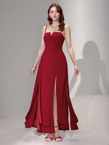 Poshira Women Knit Red Waist-Cinched Sleeveless Split Hem Sling Dress Valentine's Day