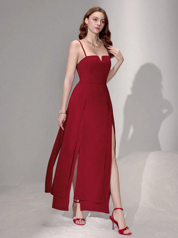 Poshira Women Knit Red Waist-Cinched Sleeveless Split Hem Sling Dress Valentine's Day