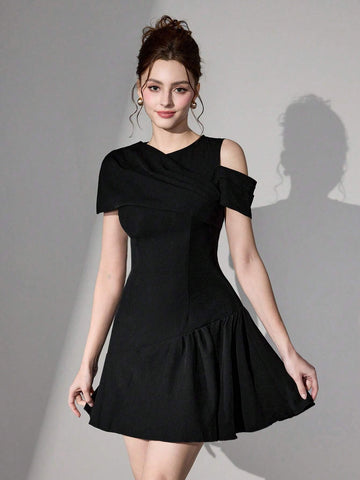 Poshira Women Short Asymmetric Pleated A-Line Woven Black Cocktail Dress