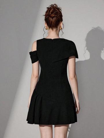Poshira Women Short Asymmetric Pleated A-Line Woven Black Cocktail Dress
