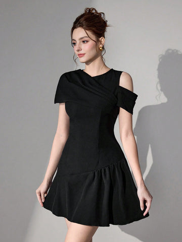 Poshira Women Short Asymmetric Pleated A-Line Woven Black Cocktail Dress