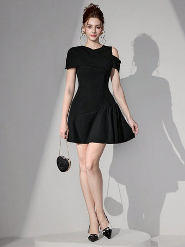 Poshira Women Short Asymmetric Pleated A-Line Woven Black Cocktail Dress