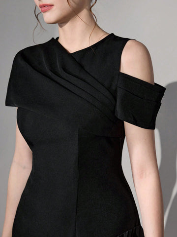Poshira Women Short Asymmetric Pleated A-Line Woven Black Cocktail Dress