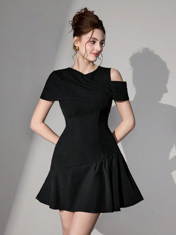 Poshira Women Short Asymmetric Pleated A-Line Woven Black Cocktail Dress