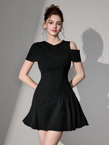 Poshira Women Short Asymmetric Pleated A-Line Woven Black Cocktail Dress