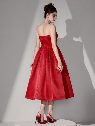 Poshira Women's Elegant Luxury Heavy Embroidery Tube Top Tie Waist Flare Hem Maxi Ball Gown Dress