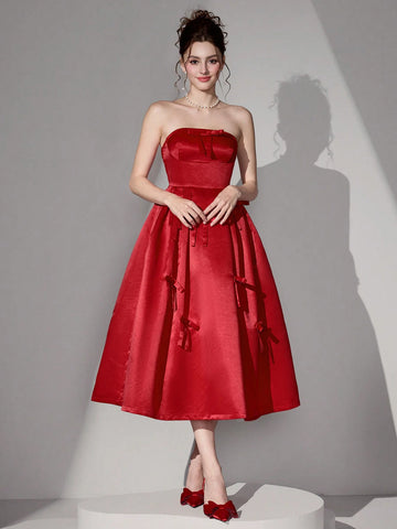 Poshira Women's Elegant Luxury Heavy Embroidery Tube Top Tie Waist Flare Hem Maxi Ball Gown Dress