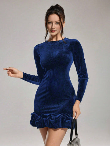 Poshira Women's Long Sleeve Velvet Bodycon Party Dress For Christmas