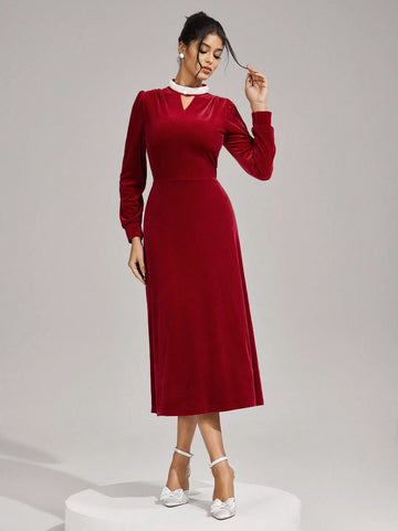 Poshira Women's Stand Collar Long Sleeve Hollow Simple Elegant Evening Gown Formal Party Dresses Autumn And Winter Black Sexy Mesh Long Sleeve Bridesmaid Dress