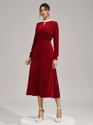 Poshira Women's Stand Collar Long Sleeve Hollow Simple Elegant Evening Gown Formal Party Dresses Autumn And Winter Black Sexy Mesh Long Sleeve Bridesmaid Dress