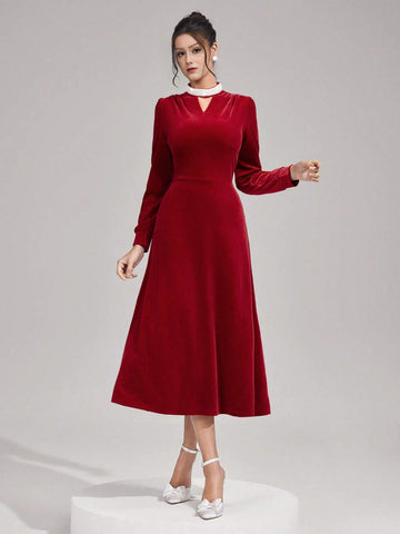 Poshira Women's Stand Collar Long Sleeve Hollow Simple Elegant Evening Gown Formal Party Dresses Autumn And Winter Black Sexy Mesh Long Sleeve Bridesmaid Dress