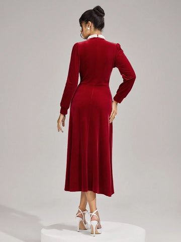 Poshira Women's Stand Collar Long Sleeve Hollow Simple Elegant Evening Gown Formal Party Dresses Autumn And Winter Black Sexy Mesh Long Sleeve Bridesmaid Dress