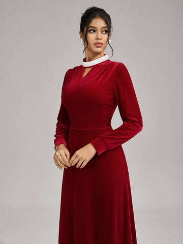 Poshira Women's Stand Collar Long Sleeve Hollow Simple Elegant Evening Gown Formal Party Dresses Autumn And Winter Black Sexy Mesh Long Sleeve Bridesmaid Dress