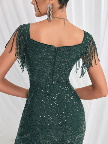 Premium European Style Elegant Sequined Tassel Decor High Slit Prom Formal Dress, Wedding Event Dress