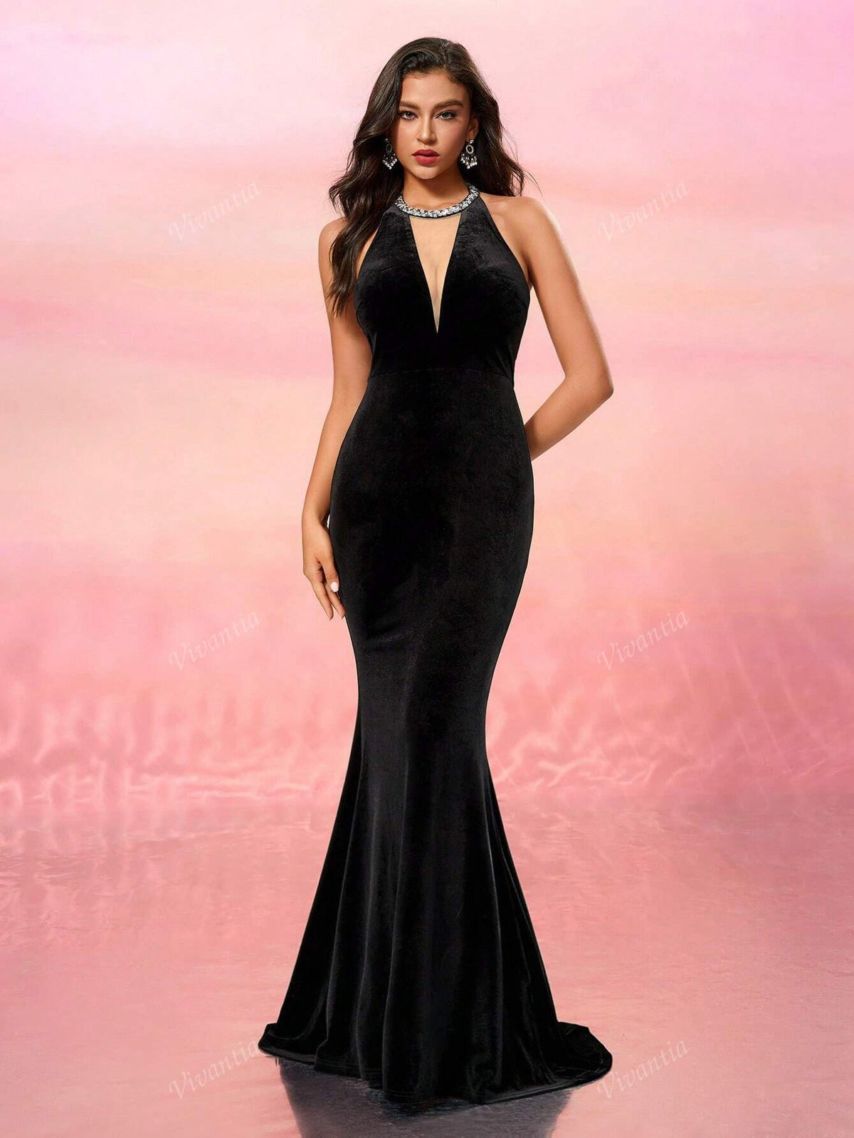 Premium Velvet V-Neck Backless Tassel Applique Long Evening Gown