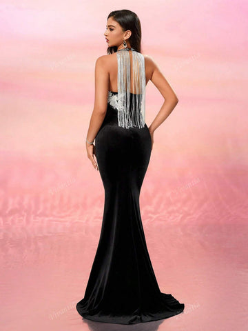 Premium Velvet V-Neck Backless Tassel Applique Long Evening Gown