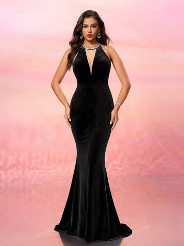 Premium Velvet V-Neck Backless Tassel Applique Long Evening Gown