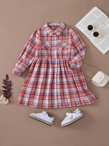 PrepCrw Girls Casual Plaid Loose Woven Dress, Pink College Style, Autumn/Winter