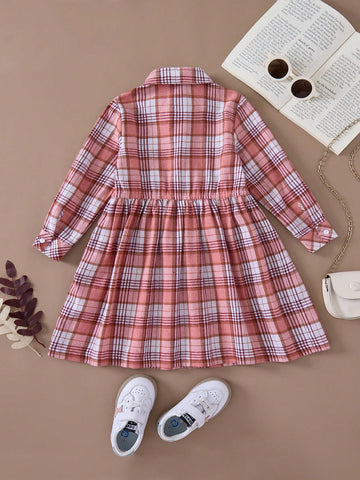 PrepCrw Girls Casual Plaid Loose Woven Dress, Pink College Style, Autumn/Winter