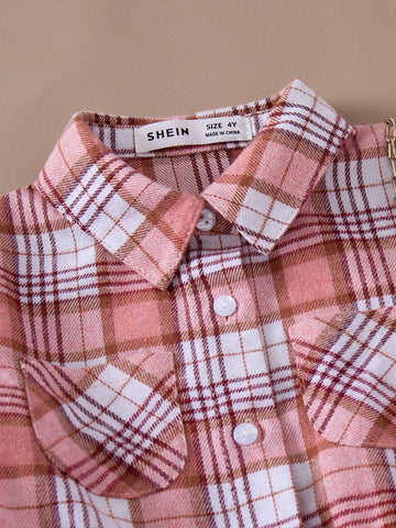 PrepCrw Girls Casual Plaid Loose Woven Dress, Pink College Style, Autumn/Winter