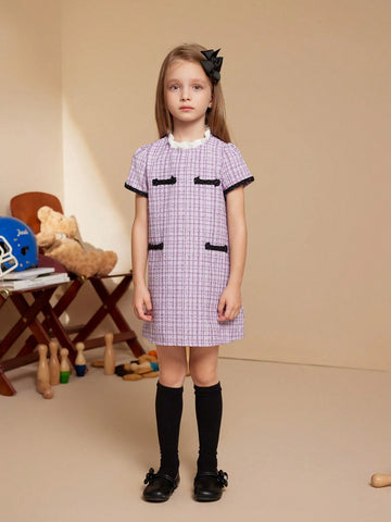 PrepCrw Plaid Short Sleeve School Dress, Purple, For Young Girls In Autumn & Winter