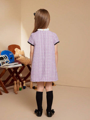 PrepCrw Plaid Short Sleeve School Dress, Purple, For Young Girls In Autumn & Winter
