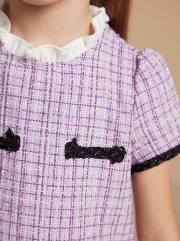 PrepCrw Plaid Short Sleeve School Dress, Purple, For Young Girls In Autumn & Winter